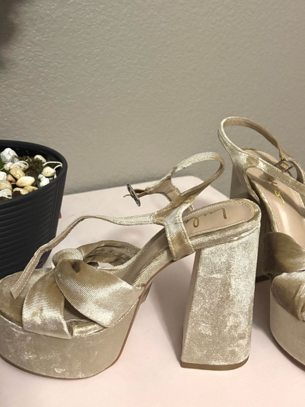 Lulu's Gold Velvet Knotted Platform Slingback Heels